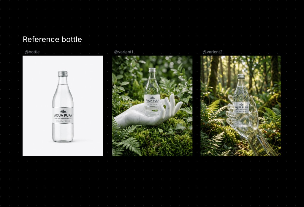 Reference bottle @bottle with variants @varient1 and @varient2 — same product in marble-hand and glass-hand forest scenes. @ reference system
