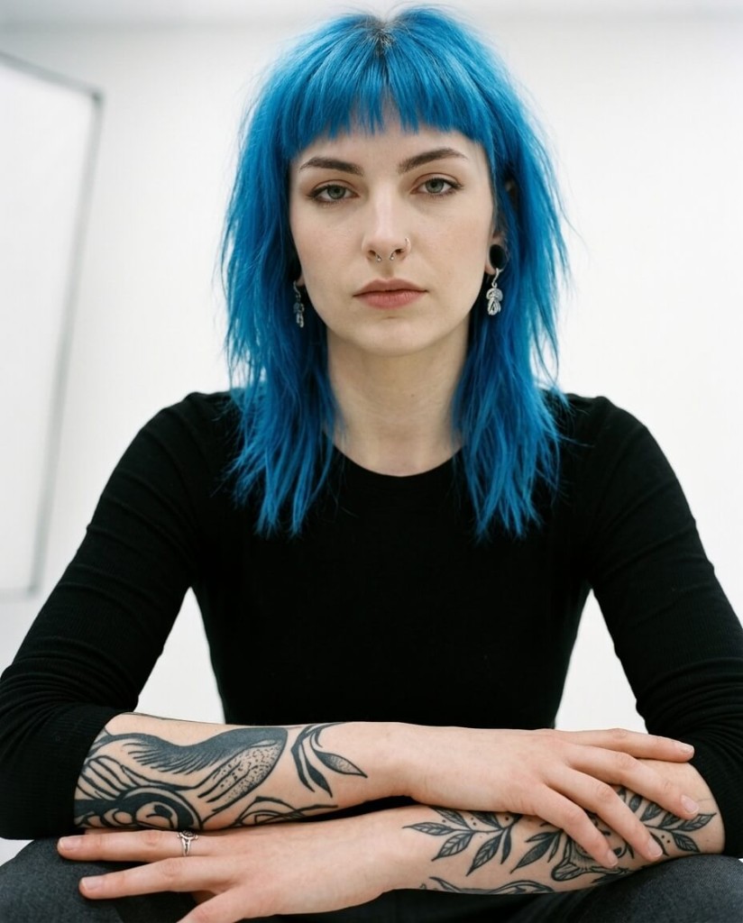Fashion beauty portrait Portrait of a model with electric blue hair, black top, tattooed arms, clean studio wall