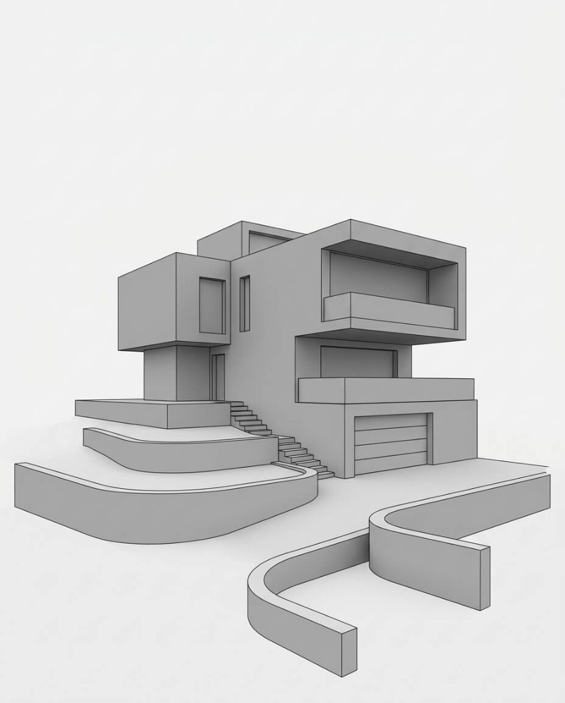 Architectural concept model Modern hillside house massing, 3D wireframe line drawing on a slope with stairs