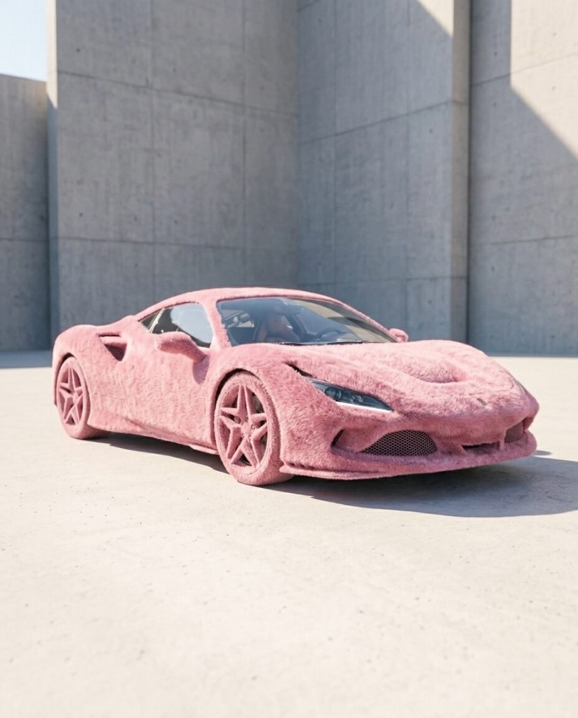 Editorial automotive, surreal finish Full pink-fur sports car, brutalist concrete walls, bright sun and hard shadow