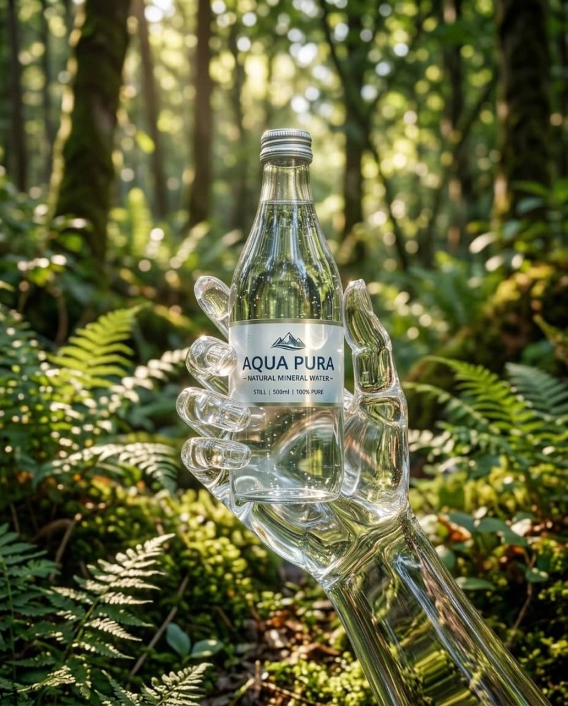 Product hero shot, natural light Premium mineral water bottle held by a transparent glass hand, sunlit forest bokeh