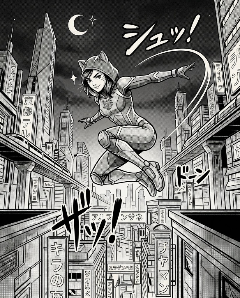 Manga inks with speed lines and sound effects Same heroine mid-leap through a futuristic skyline, black and white manga screentone