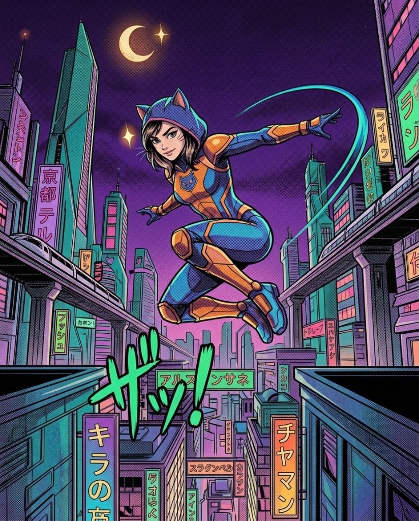Full-color comic cover style action shot Cat-eared heroine leaping over a neon cyberpunk city at night, comic halftone and bold outlines